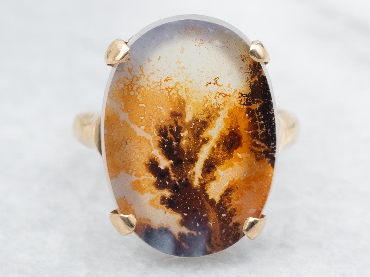 Oval Dendritic Agate 14k Gold Solitaire Ring