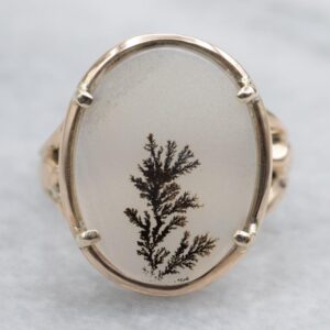 Oval-Cut Dendritic Agate Yellow Gold Solitaire Ring Oval-Cut Dendritic Agate Yellow Gold Solitaire Ring