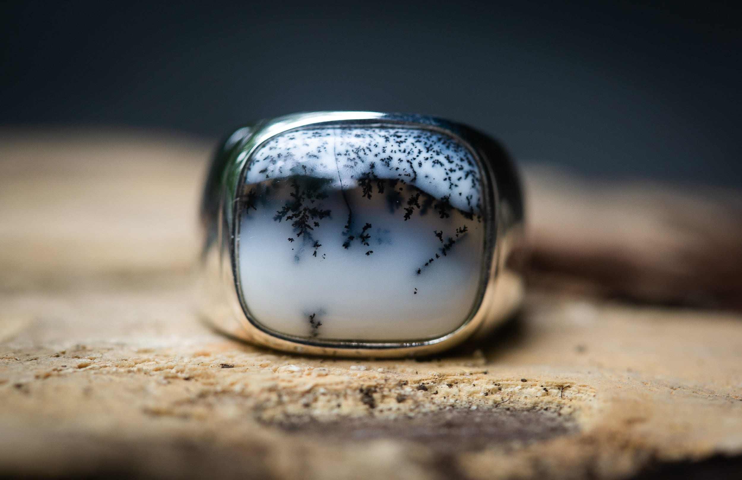 Dendritic Agate Sterling Silver Mens Ring - Size 10