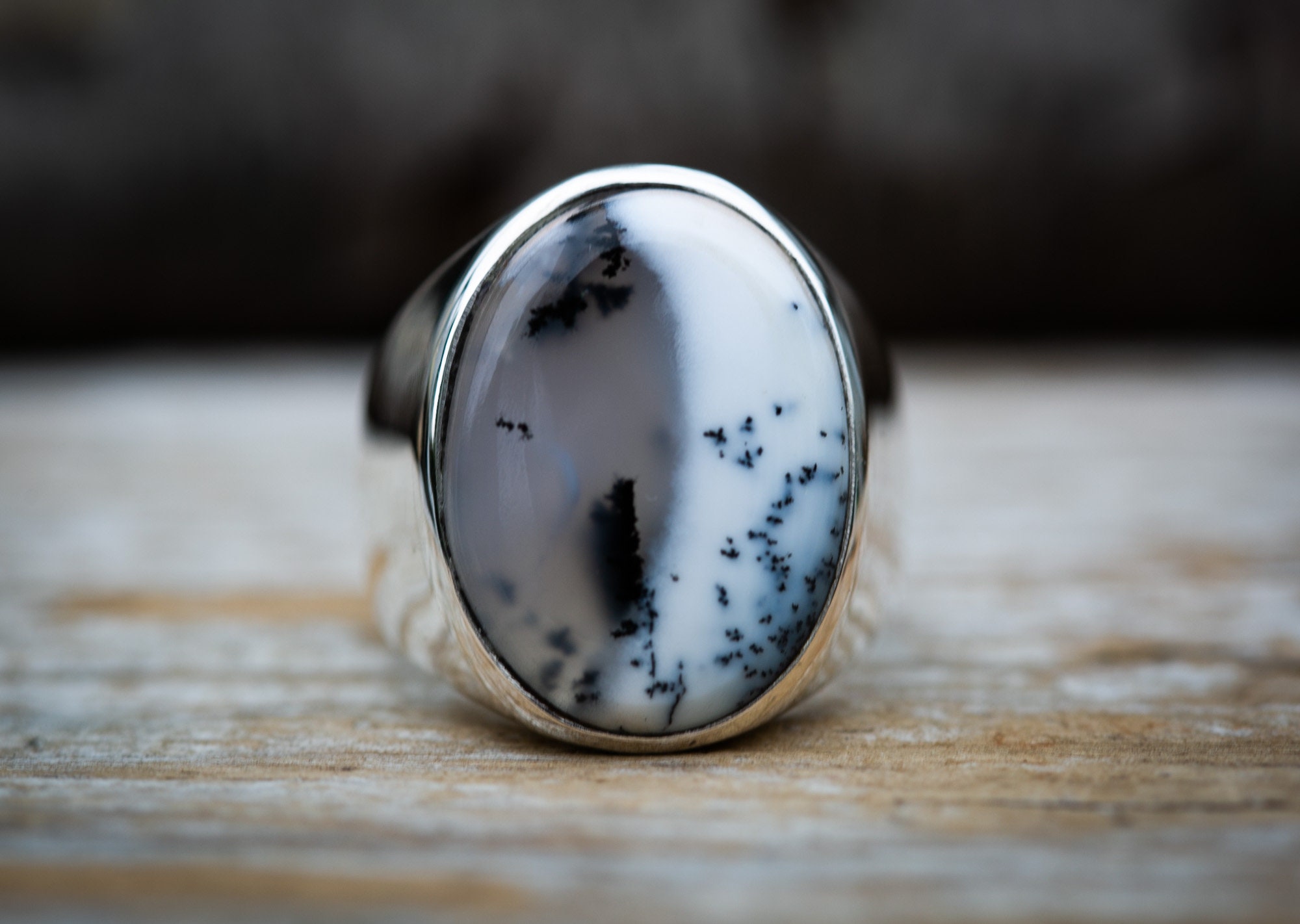 Dendritic Agate Sterling Silver Ring - Size 10
