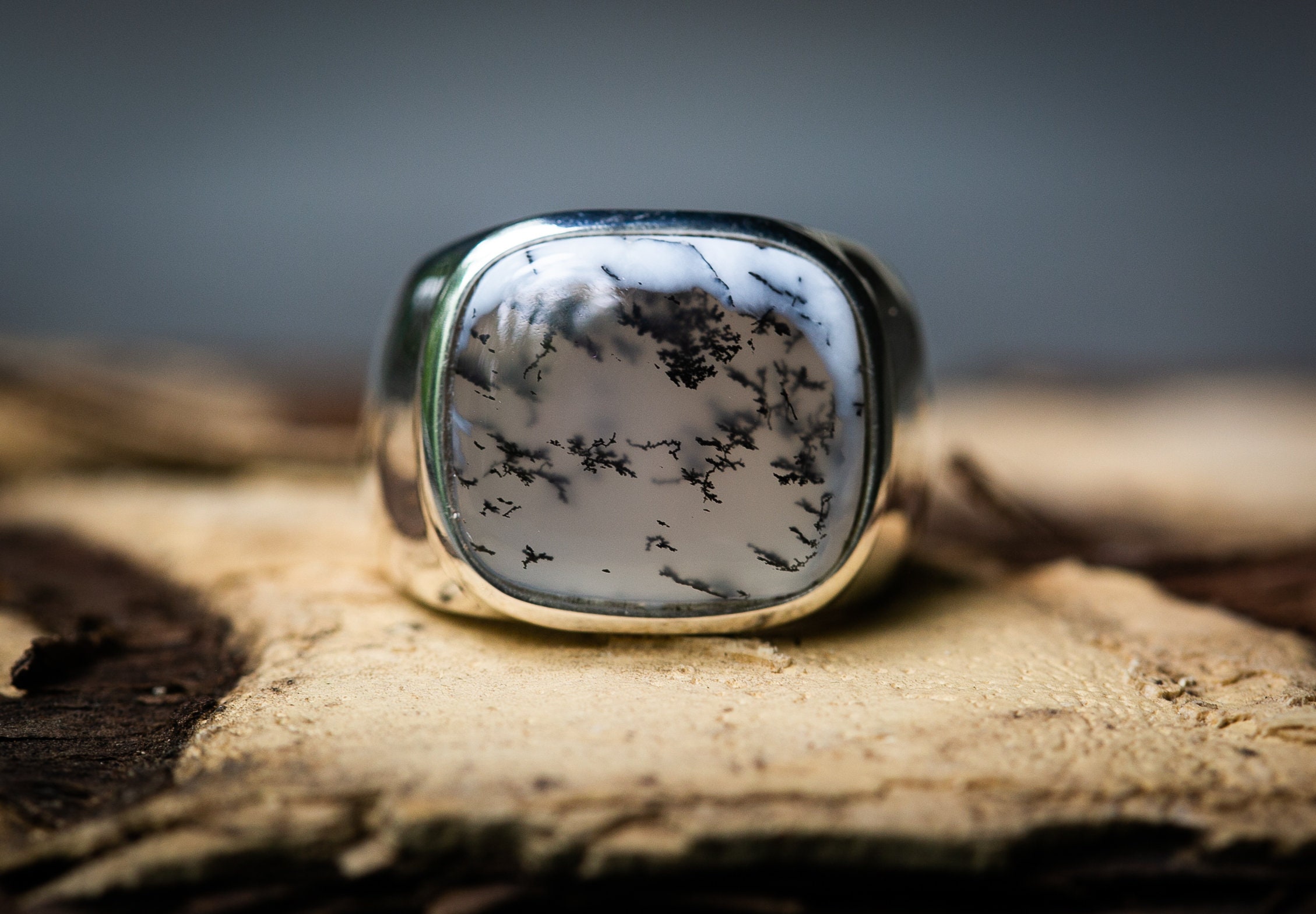 Dendritic Agate Sterling Silver Ring - Size 9.75