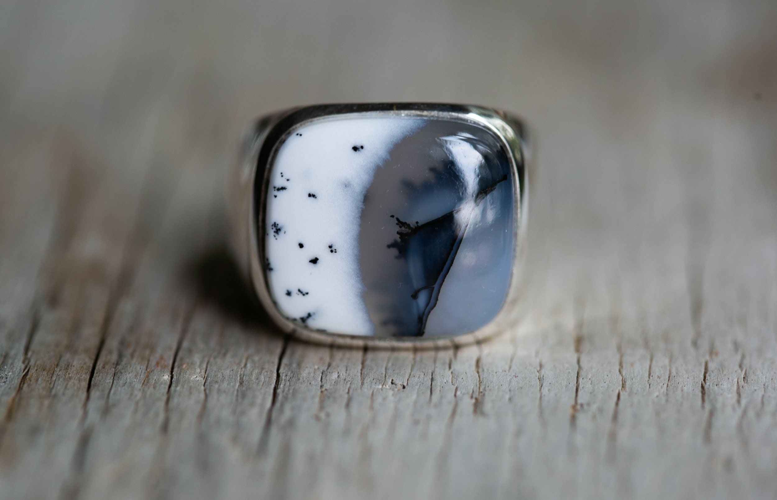 Dendritic Agate Sterling Silver Ring - Size 9.75