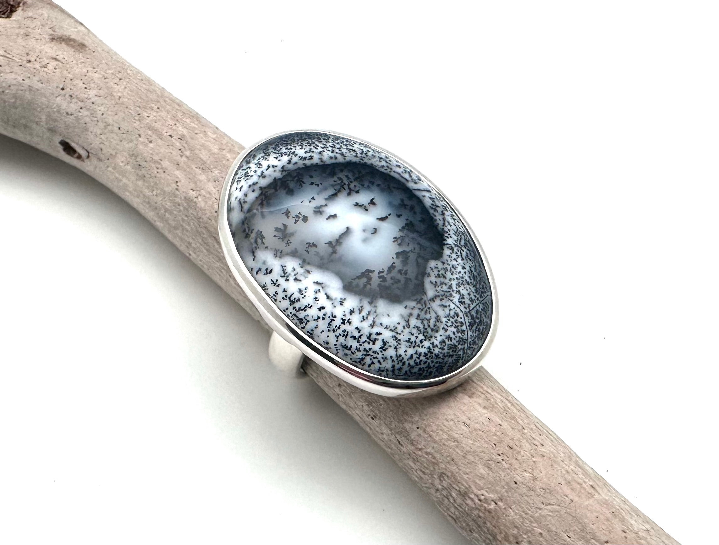 Sterling Silver Dendritic Agate Ring, Natural Stone (size 9.5)