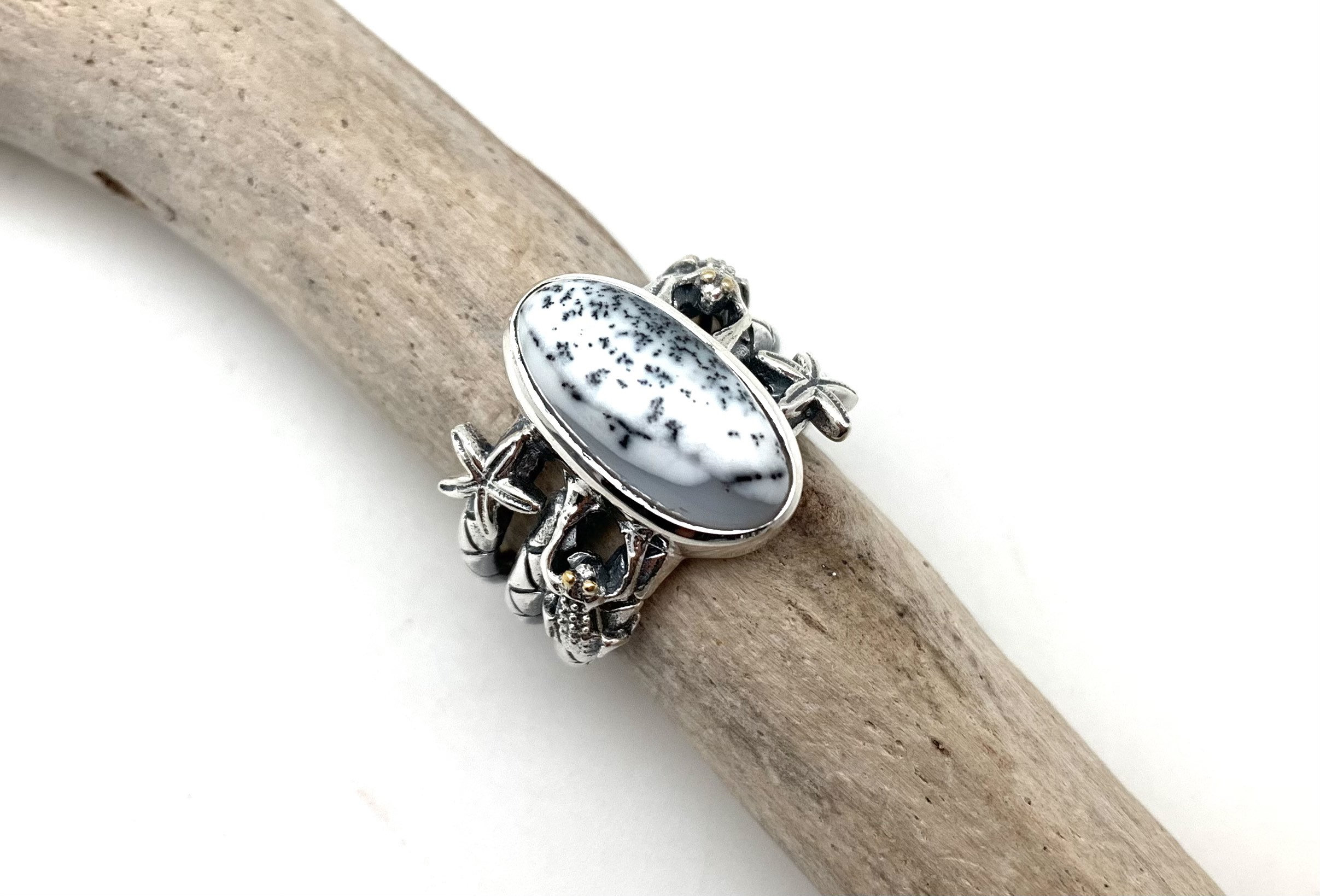 Sterling Silver Dendritic Agate Ring, Size 8, Floral Design