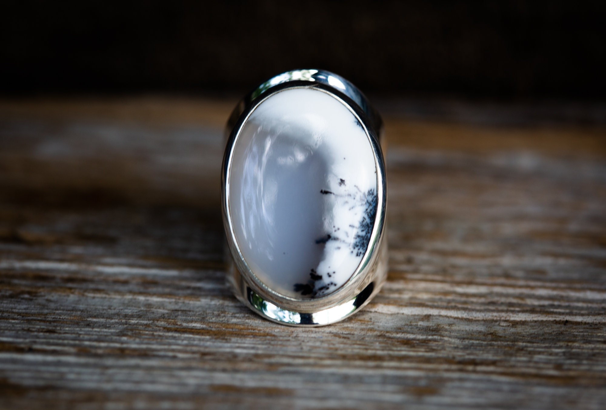 Dendritic Agate Sterling Silver Ring - Unisex Size 8.5