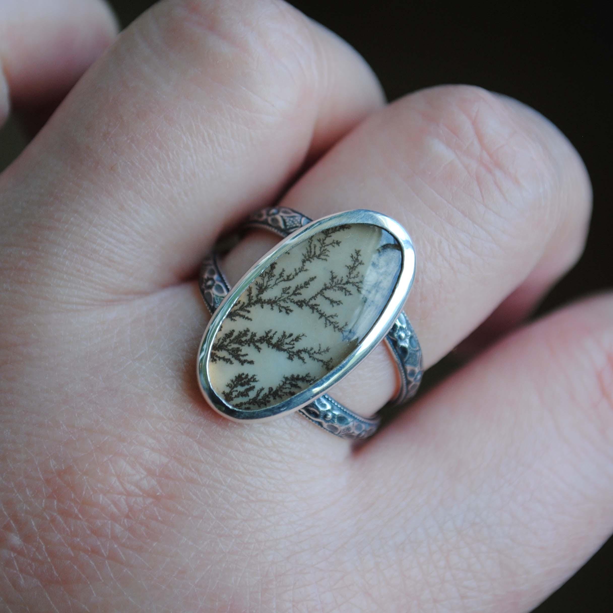 Dendritic Agate Ring, Sterling Silver Dendritic Agate Jewelry (ring Size 8.25-8.5)
