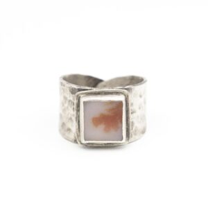 Dendritic Agate Ring Sterling Silver Wide Textured Shank Adjustable