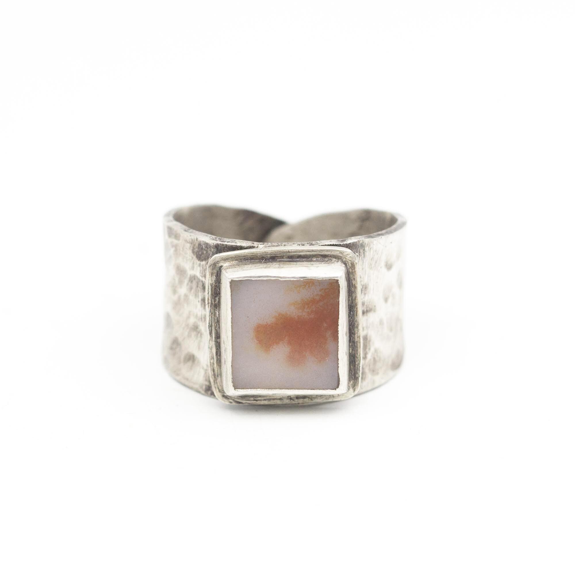 Dendritic Agate Ring Sterling Silver Wide Textured Shank Adjustable