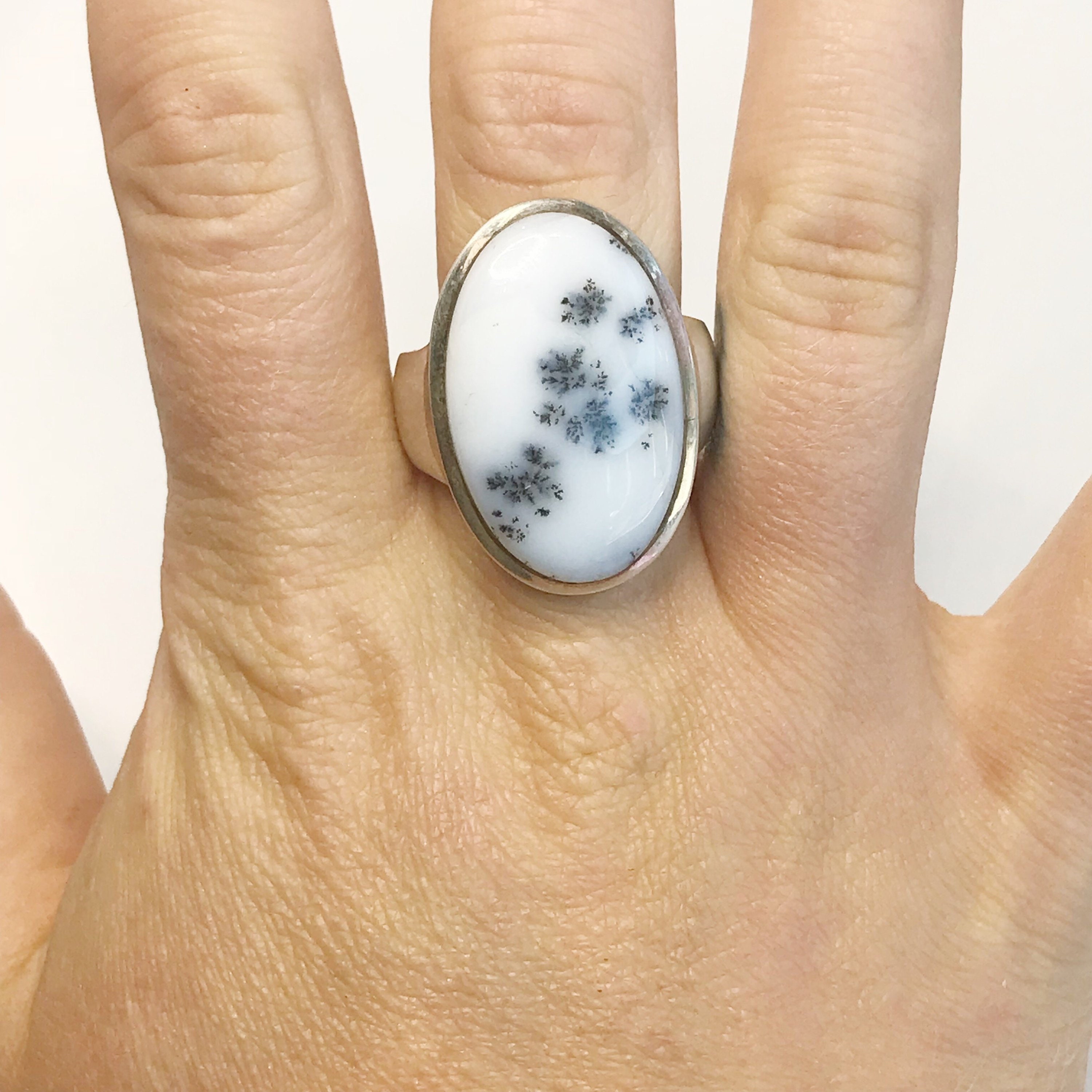 Dendritic Agate Ring - Us 8.75 - Sterling Silver - Agate Jewelry - June Birthstone - Birthstone Jewelry - White And Black Stone Ring