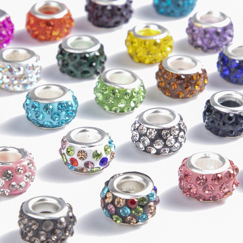 100 Pcs Polymer Clay Inlaid Diamond Large Hole Colored Spacer Beads,eyelet Diamond Ball Beads,diy Handmade Bracelet Jewelry Accessories