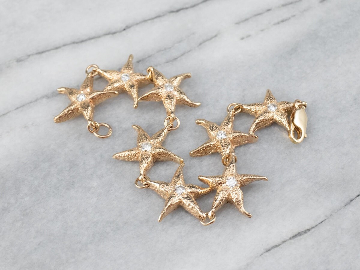 14k Gold Diamond Starfish Bracelet, Nautical Jewelry