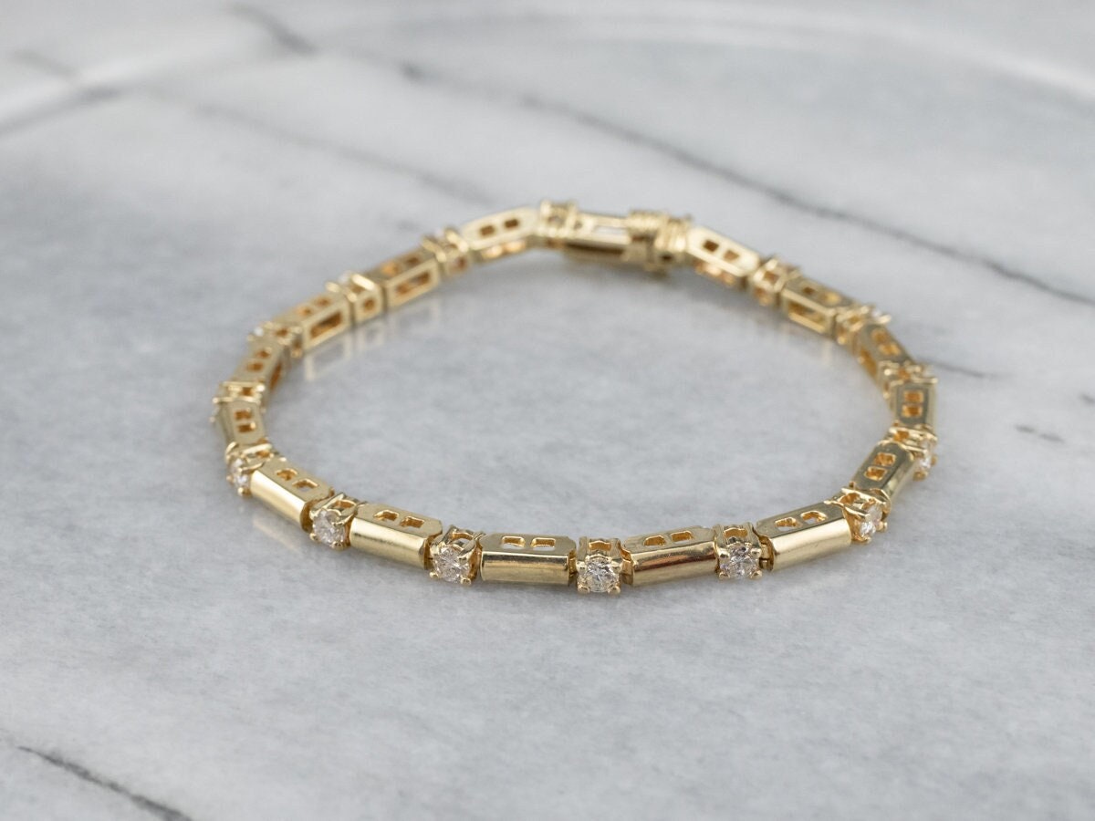14k Yellow Gold Diamond Bar Link Bracelet, 1.60 Carats