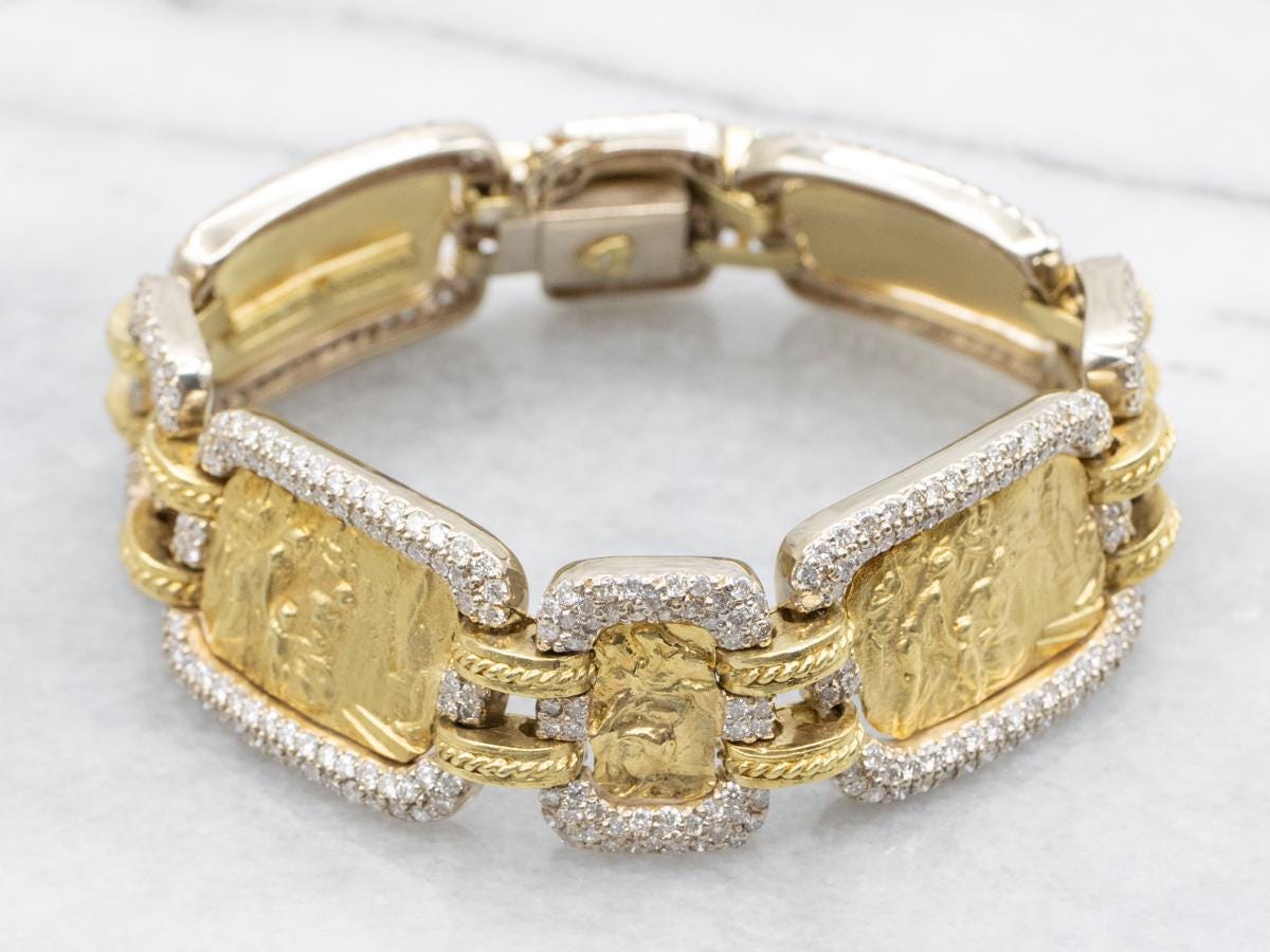 18k Gold Diamond Grecian Reliefs Link Bracelet, 5.30 Carats
