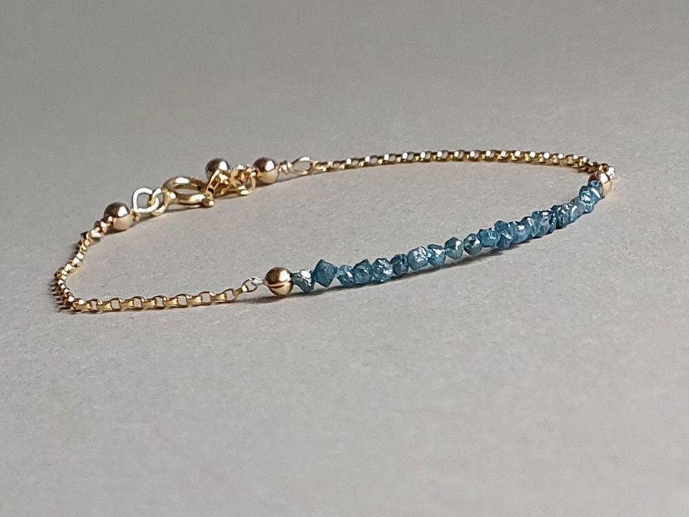 Blue Raw Diamond Bracelet: Sterling Silver Dainty Chain, April Birthstone