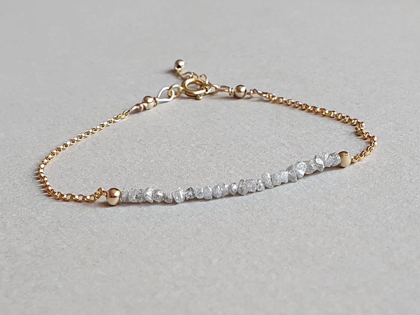 Gray Raw Diamond Bracelet: Dainty Gold Filled Chain, April Birthstone