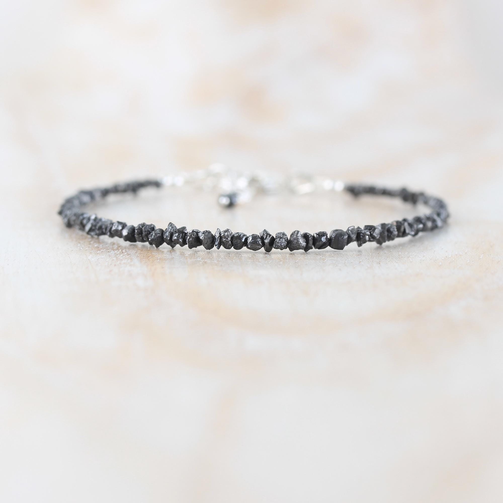 Raw Black Diamond Bracelet In Sterling Silver, Gold Or Rose Gold Filled With Dainty 2 To 3mm Natural Rough Uncut Diamonds, April Birthstone