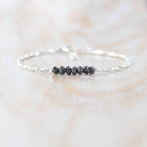 Raw Black Diamond, Sterling & Fine Silver Bracelet, Rough Gemstone Dainty Stacking Bracelet, Delicate Jewelry For Women, Karen Hill Tribe