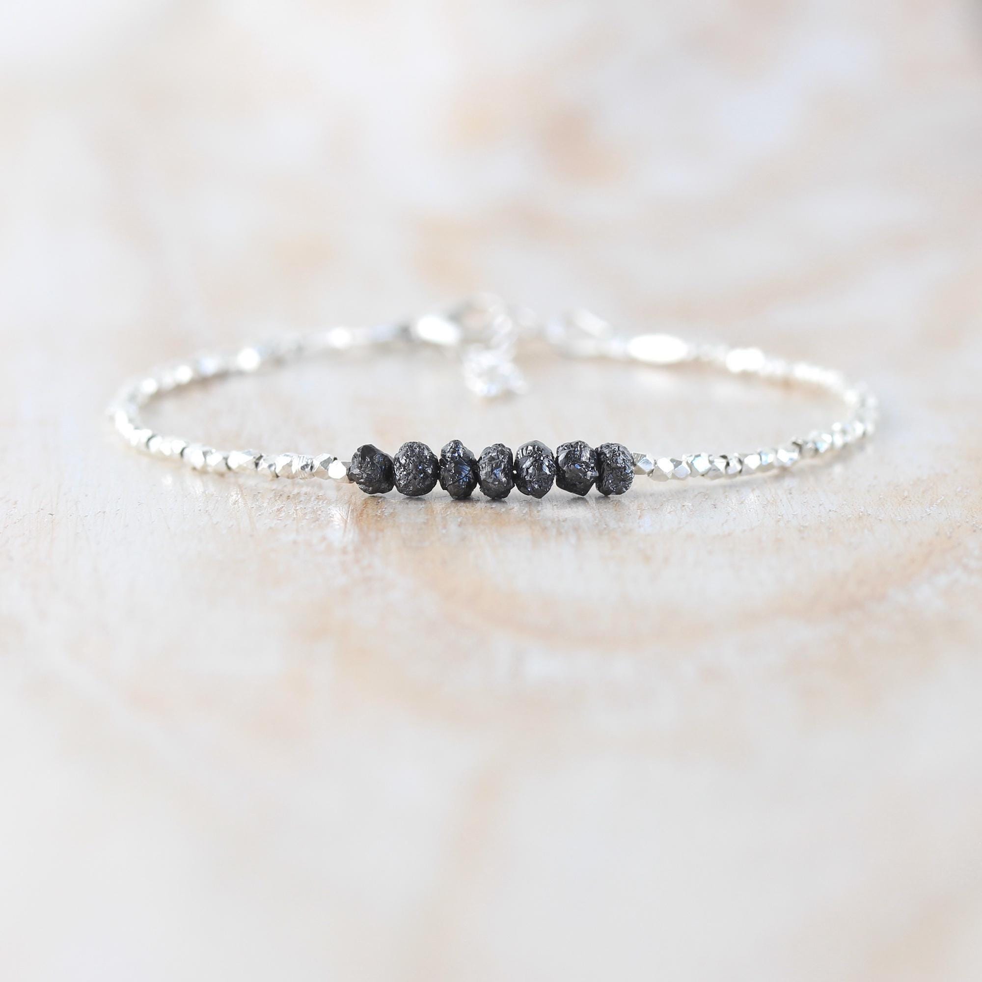 Raw Black Diamond, Sterling & Fine Silver Bracelet, Rough Gemstone Dainty Stacking Bracelet, Delicate Jewelry For Women, Karen Hill Tribe