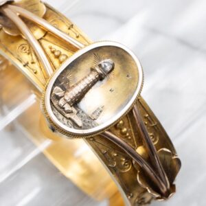Victorian Etruscan Revival Diamond Lighthouse Bangle, 14k Gold Victorian Etruscan Revival Diamond Lighthouse Bangle, 14k Gold