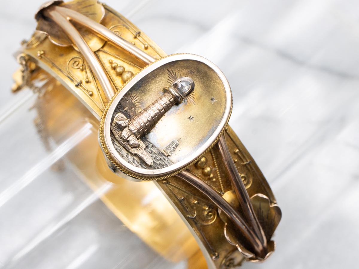 Victorian Etruscan Revival Diamond Lighthouse Bangle, 14k Gold