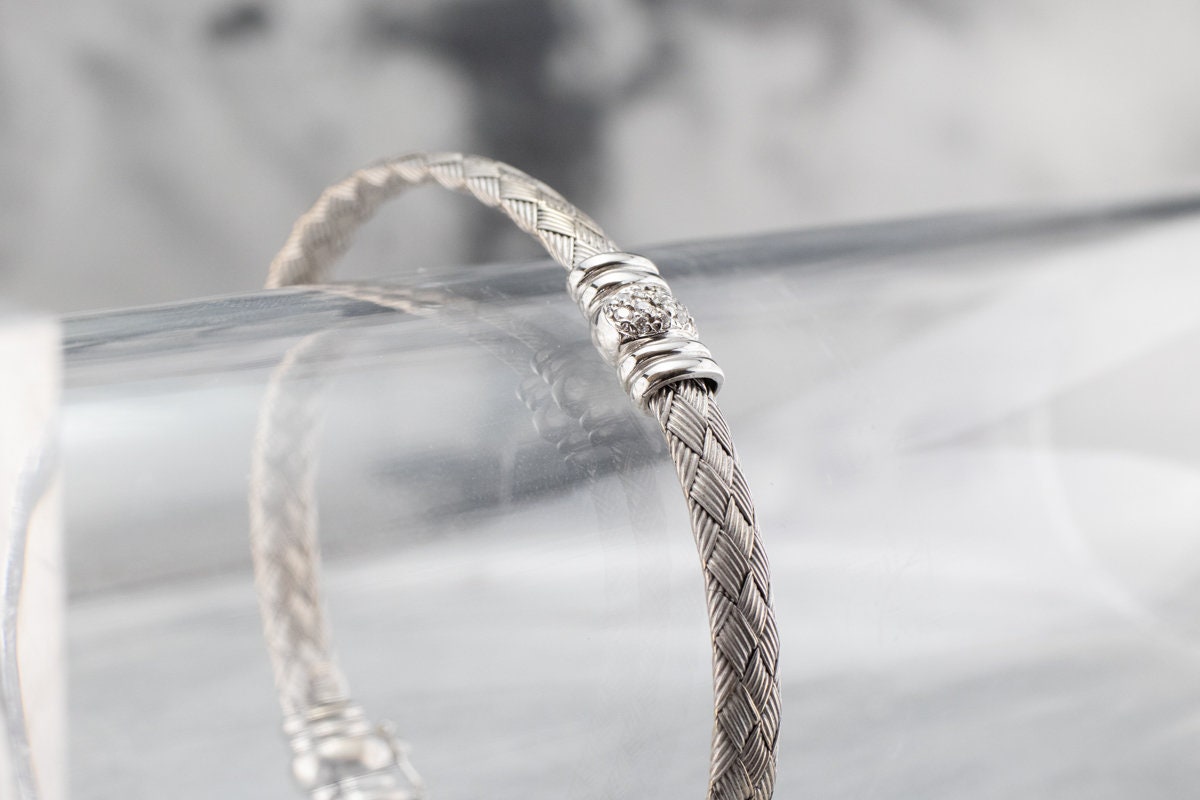 Woven 18k White Gold Diamond Bangle Bracelet, Italian Design Woven 18k White Gold Diamond Bangle Bracelet, Italian Design
