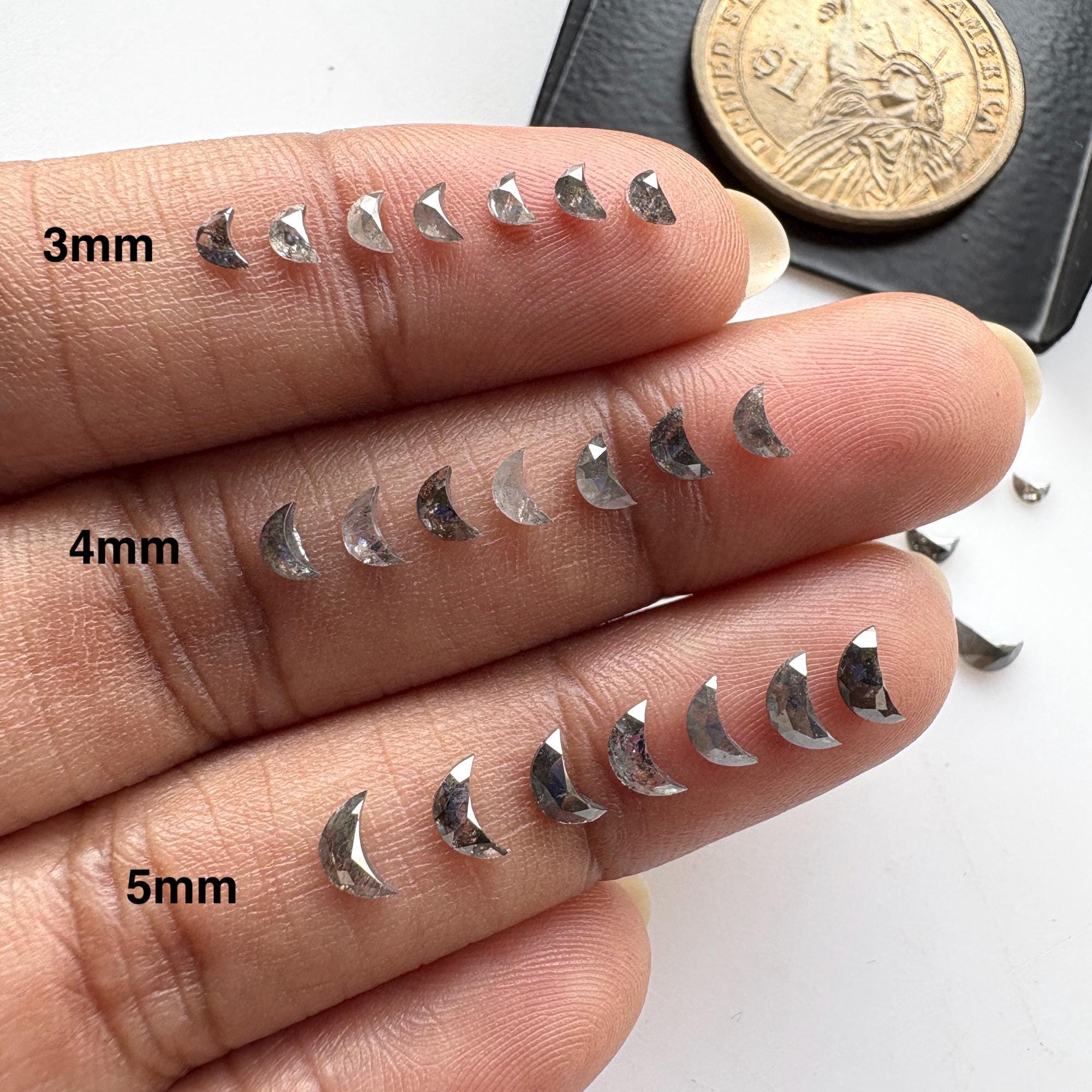 2 Pieces 3mm/4mm/5mm Black Salt And Pepper Half Crescent Moon Rose Cut Diamond Loose Cabochon, Calibrated Moon Shape Diamond, Dds680/40 2 Pieces 3mm/4mm/5mm Black Salt And Pepper Half Crescent Moon Rose Cut Diamond Loose Cabochon, Calibrated Moon Shape Diamond, Dds680/40