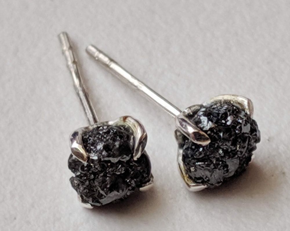 5mm Black Raw Diamond Studs, 2 Pcs Matched Pair Black Rough Diamond Studs, 925 Sterling Silver Raw Diamond Earrings Prong Setting - Ppd566