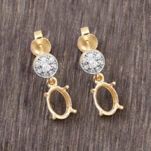 14k Gold Semi Mount Earring With Natural Diamonds, Customizable Gold Dangle Earring Semi-mount, Diamond Semi-mount - Holds 7x5mm Oval Stones
