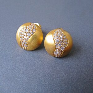 18k Gold Dome Diamond Earrings • 13.50mm • Gorgeous Brushed Satin Finish • Sparkling Natural Gemstones • FABULOUS STUNNING