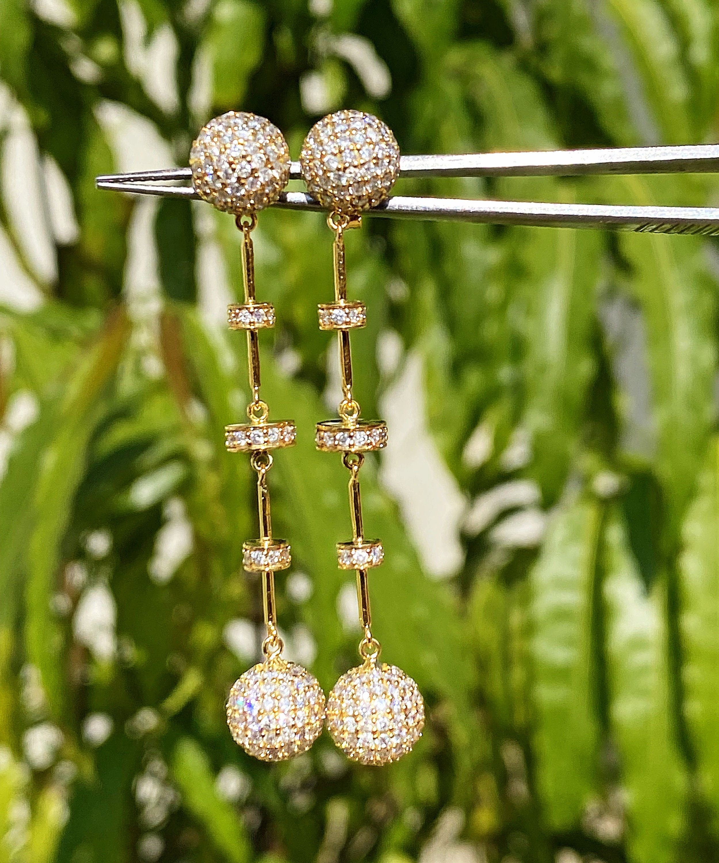 18k Gold Long Discoball Diamond Earrings • Solid 18 Carat Gold • natural Diamonds