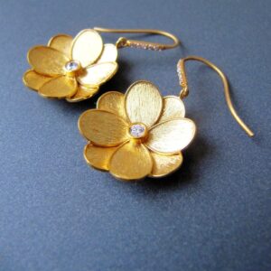 18k Gold Marguerite Daisy Diamond Earrings • 19mm Big Flower • Gorgeous Brushed Satin Finish • Natural Gemstones • FABULOUS STUNNING