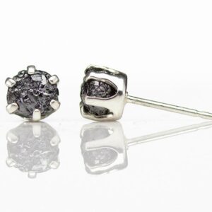5mm Silver Stud Earrings with Rough Diamonds - Jet Black Conflict Free Raw Diamonds Large - Post Earrings - April Birthstone