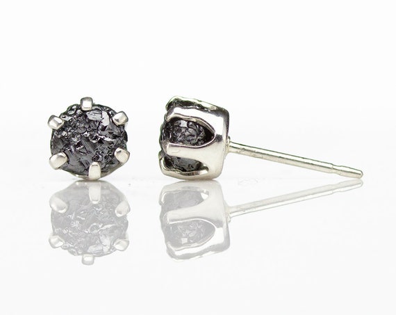 5mm Silver Stud Earrings With Rough Diamonds - Jet Black Conflict Free Raw Diamonds Large - Post Earrings - April Birthstone