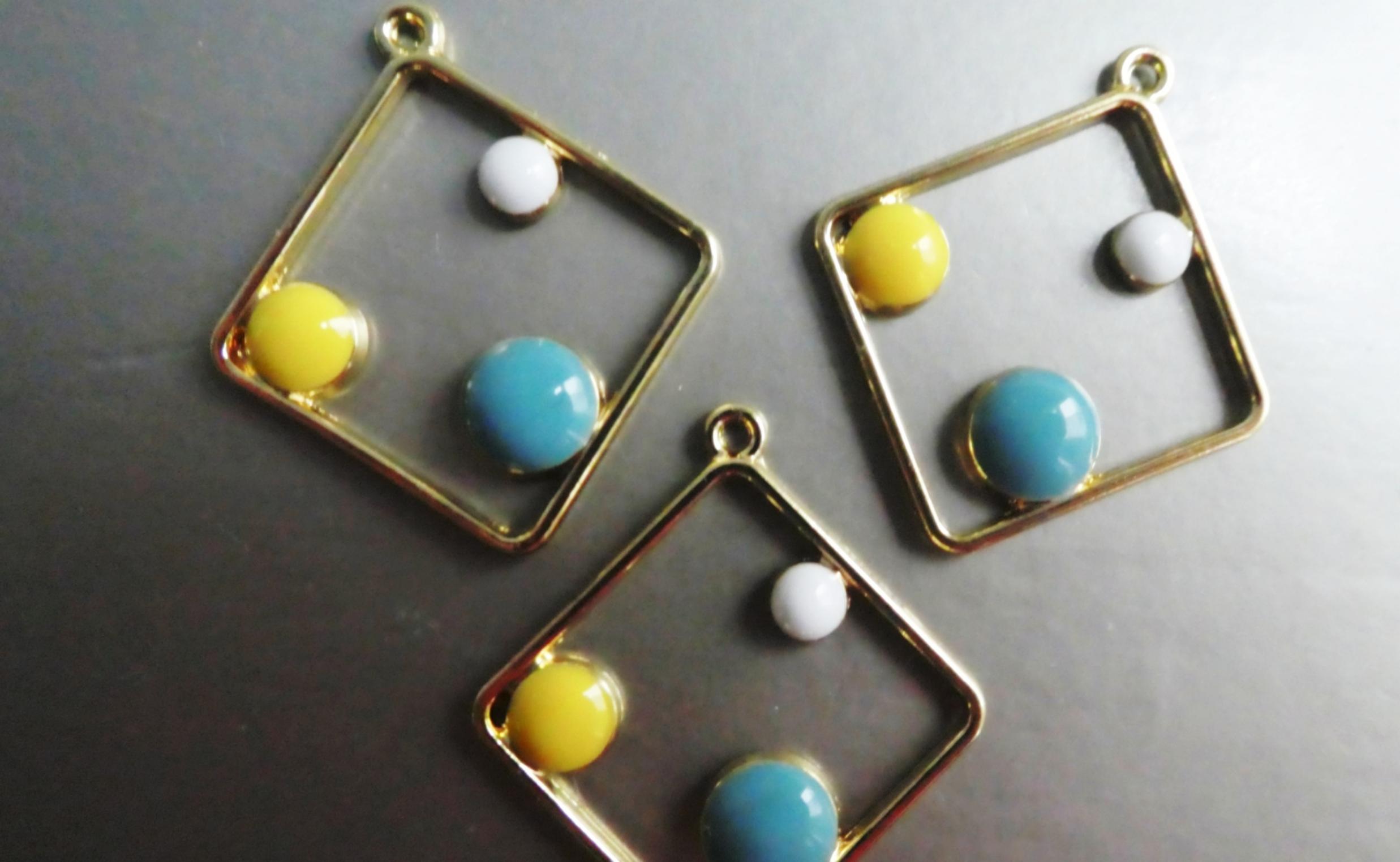 Abstract Diamond 36mm Gold Plated Charm-2 Pcs -yellow Turquoise Earrings Link With Dots-brass Square