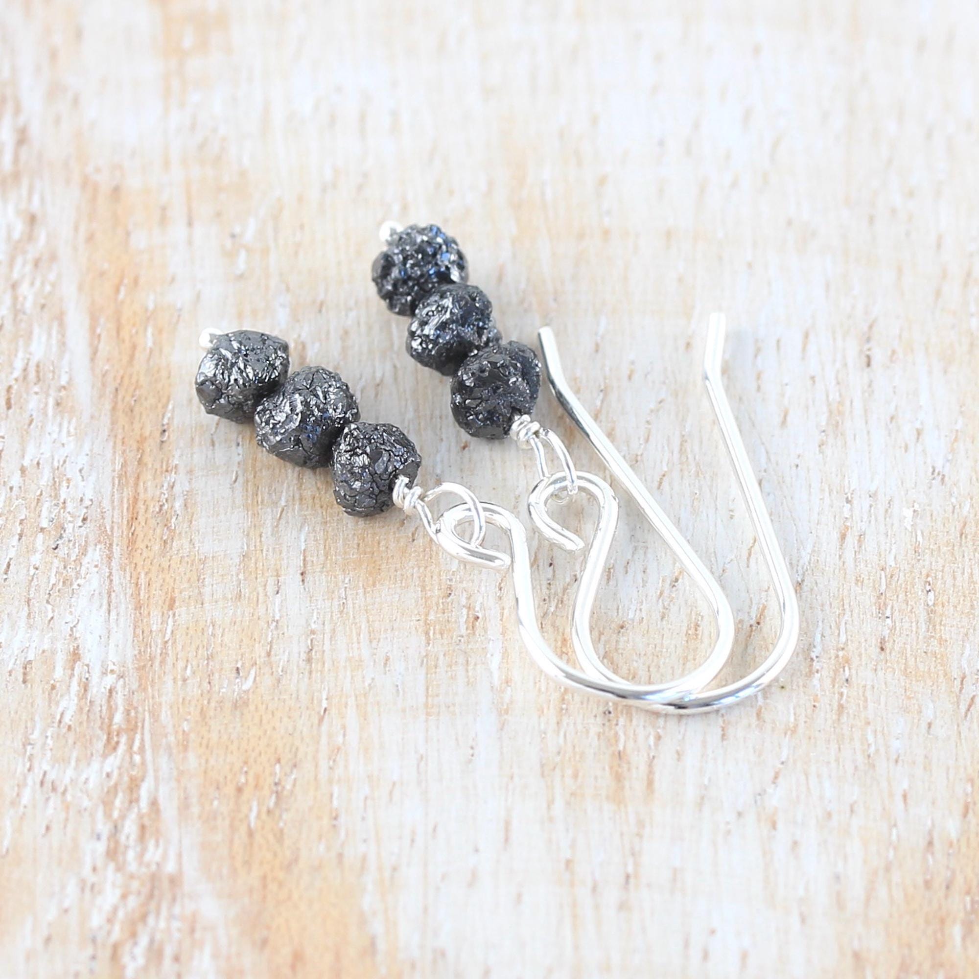 Black Raw Diamond Earrings In Sterling Silver, Gold Or Rose Gold Filled, 4mm Natural Rough Diamond Beads, High Quality Artisan Jewellery Black Raw Diamond Earrings In Sterling Silver, Gold Or Rose Gold Filled, 4mm Natural Rough Diamond Beads, High Quality Artisan Jewellery
