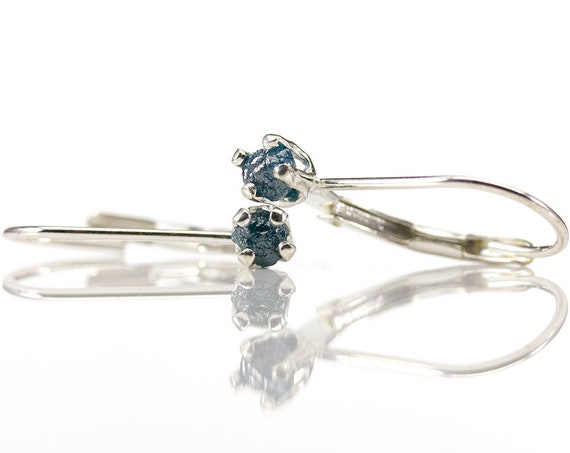 Blue Diamond Leverback Earrings In Sterling Silver - Rough Raw Diamonds Natural Uncut Conflict Free - April Birthstone - 4-prong Lever-back Blue Diamond Leverback Earrings In Sterling Silver - Rough Raw Diamonds Natural Uncut Conflict Free - April Birthstone - 4-prong Lever-back