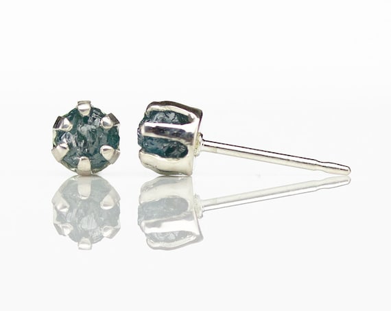 Blue Rough Diamond 4mm Post Earrings - Rare Blue Unfinished Diamonds Conflict Free - Sterling Silver Ear Studs - April Birthstone Blue Rough Diamond 4mm Post Earrings - Rare Blue Unfinished Diamonds Conflict Free - Sterling Silver Ear Studs - April Birthstone