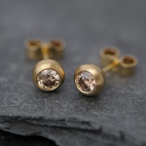 Champagne Diamond Stud Earrings in 18K Gold, Gift For Her Champagne Diamond Stud Earrings in 18K Gold, Gift For Her