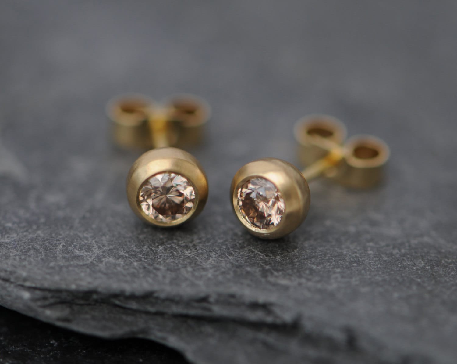 Champagne Diamond Stud Earrings In 18k Gold, Gift For Her