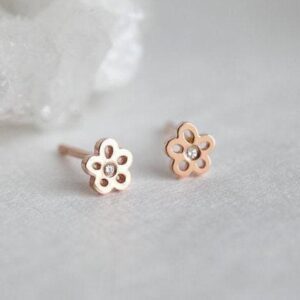 Diamond Flower Earrings • 14k/18k Solid Gold • Tiny Cartilage/Second Hole Studs • Dainty Floral Stud Earrings