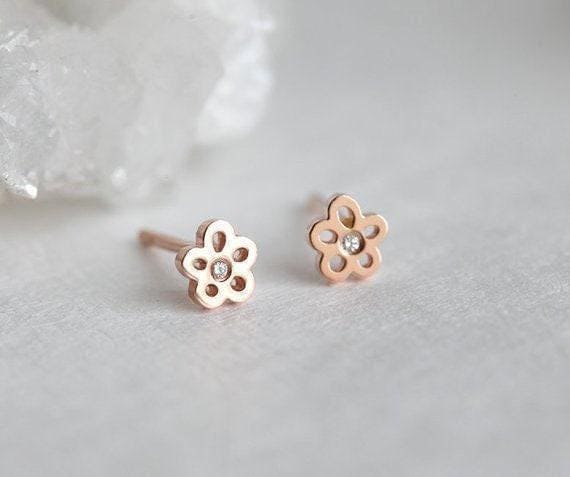 Diamond Flower Earrings • 14k/18k Solid Gold • Tiny Cartilage/second Hole Studs • Dainty Floral Stud Earrings