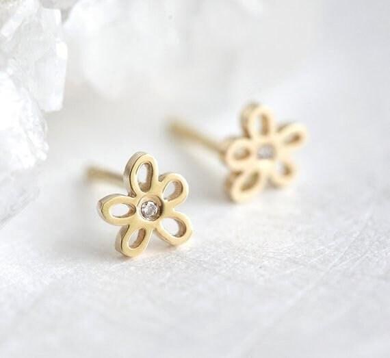 Mini Diamond Floral Studs • Solid Gold Post Earrings • Minimalist Fine Jewelry • Small Dainty Studs • Mom Gift • Christmas Gift Mini Diamond Floral Studs • Solid Gold Post Earrings • Minimalist Fine Jewelry • Small Dainty Studs • Mom Gift • Christmas Gift
