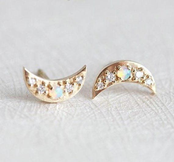 Moon Crescent Earrings • Diamond Stud Earrings • 14k/18k Solid Gold • Dainty Celestial Studs • Everyday Earrings • Gift For Her