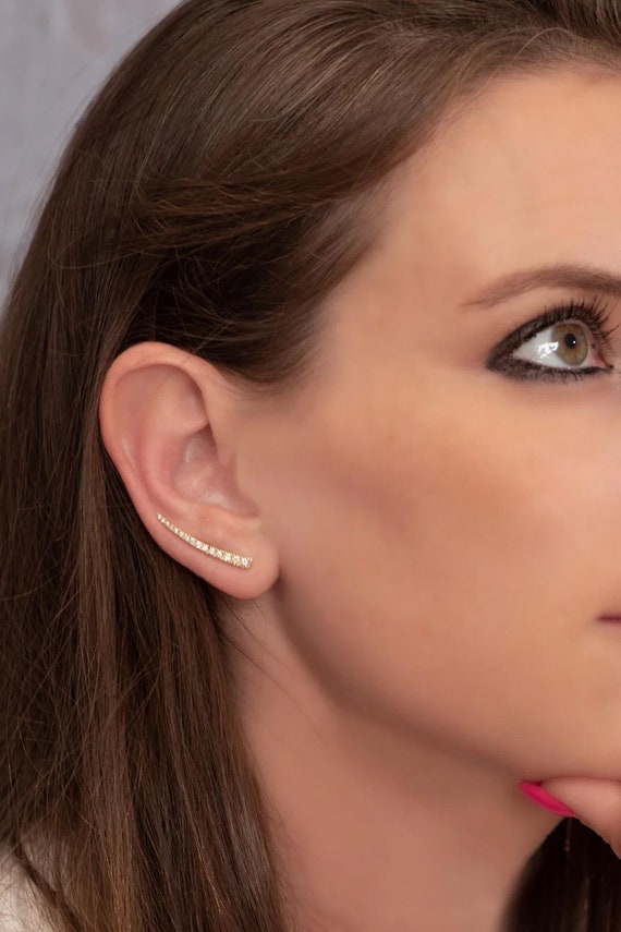 Stunning Solid Gold Natural Diamond Climber Earrings, Diamond Ear Climber Earrings For Women, Bridal Ear Crawler, Diamond Crawler Earring