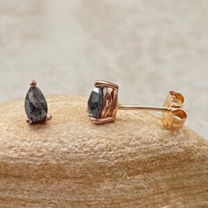 Tiny Pear Diamond Studs, Rose Cut, Organic, Salt And Pepper Diamonds, Lifetime Care Plan Included, Genuine Diamonds Ls6454