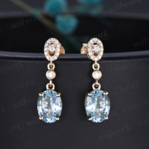 Vintage Oval Cut Aquamarine Earrings Solid 14k Yellow Gold Halo Diamond Drop Earrings Women Dainty Anniversary Gift For Her