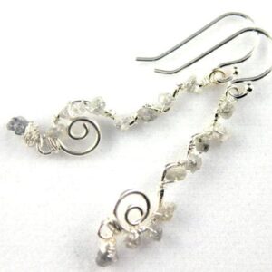 Wire Wrapped Rough Diamond Earrings - Sterling Silver Wavy Swirl Links - White Black or Blue Raw Diamonds - April Birthstone