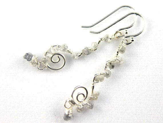 Wire Wrapped Rough Diamond Earrings - Sterling Silver Wavy Swirl Links - White Black Or Blue Raw Diamonds - April Birthstone