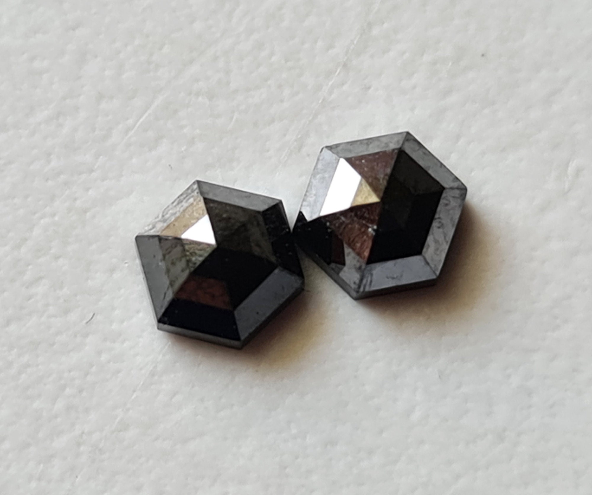 Natural Black Hexagon Shaped Diamond, Matched Pair 5.3-5.5mm, 1.06 Cts Flat Back Faceted Black Diamond, Rose Cut Diamond For Earrings-pdd98