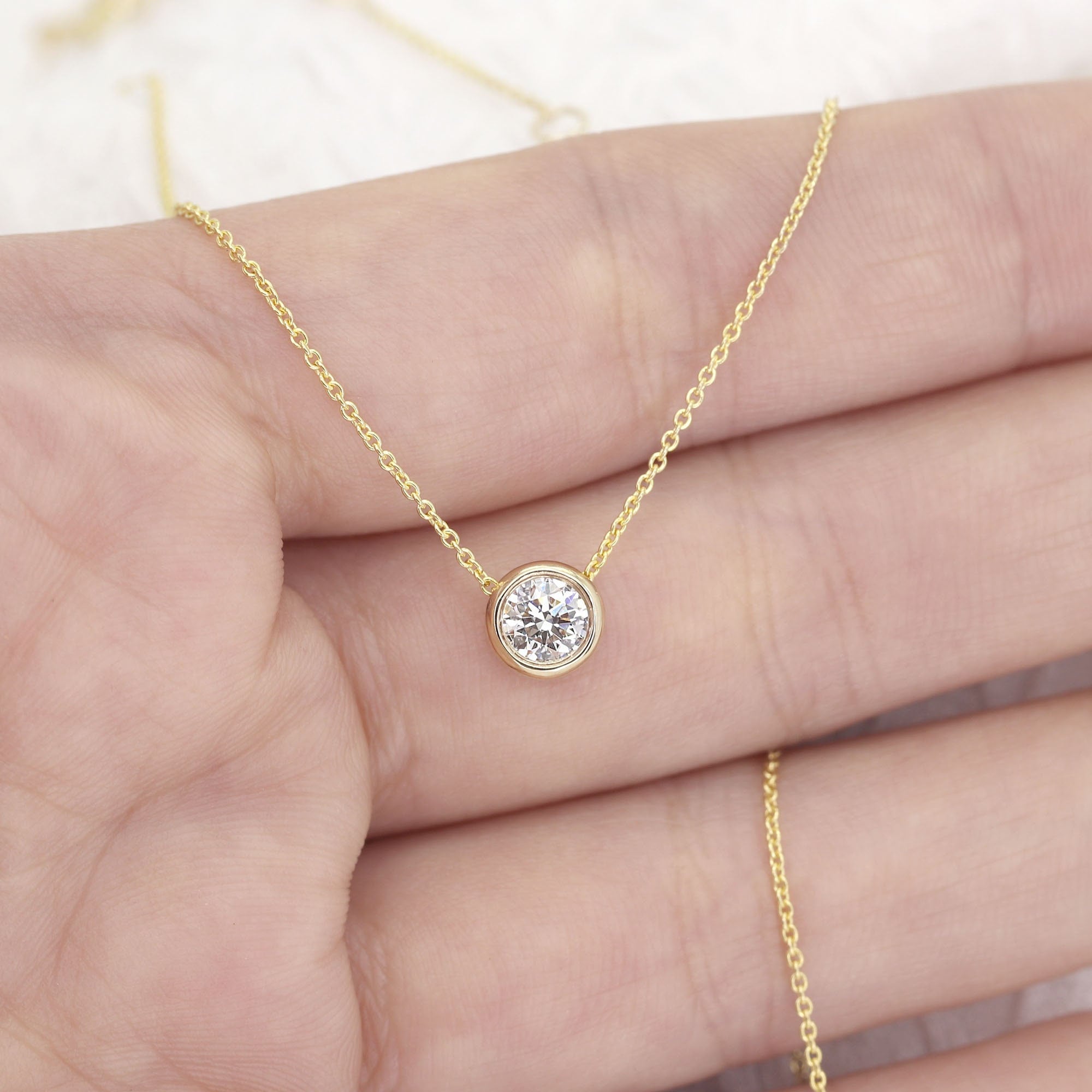 0.35ct Lab Grown Diamond 14k Solid Gold Bezel Solitaire Necklace. Everday Dainty Necklace